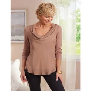 NEW Soft Surroundings Nikkita Top Silk Cowl Neck Long Sleeve Chocolate S Classic